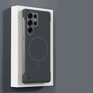 Matte Samsung Galaxy case compatible with wireless charging with magnetic feature on a gray background