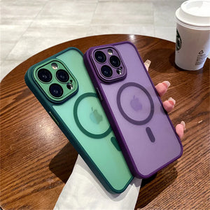 Two Matte translucent magnetic iPhone case with camera lens protection and MagSafe one green and one purple.