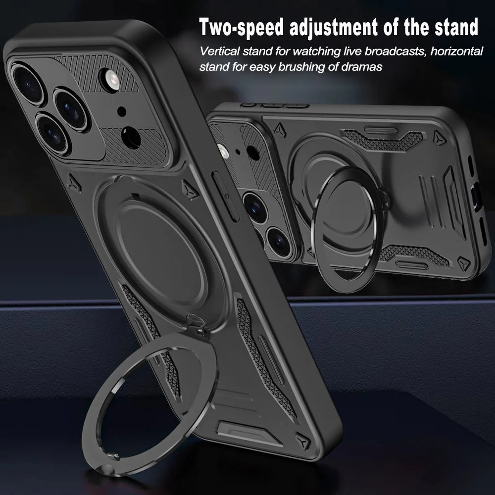 iPhone case with stand and ring holder on a dark background
