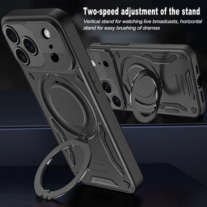 iPhone case with stand and ring holder on a dark background