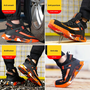 Black and orange safety shoes with various protective features on a grid layout.