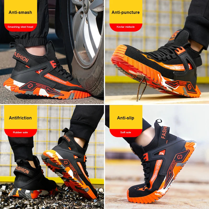Black and orange safety shoes with various protective features on a grid layout.