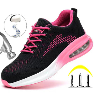 A black and pink Women's Safety Work Shoes with a white midsole, shown on a white background with feature callout graphics.