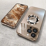 Luxury Glass Camera MagSafe Magnetic iPhone Case Wireless Charging with a metallic case on a textured surface