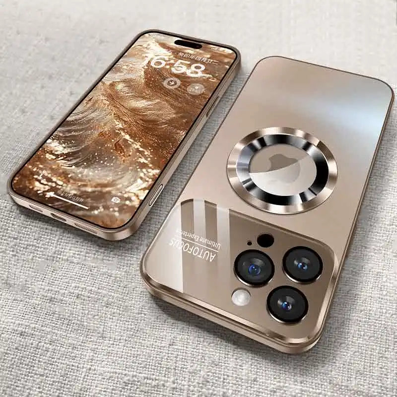 Luxury Glass Camera MagSafe Magnetic iPhone Case Wireless Charging with a metallic case on a textured surface