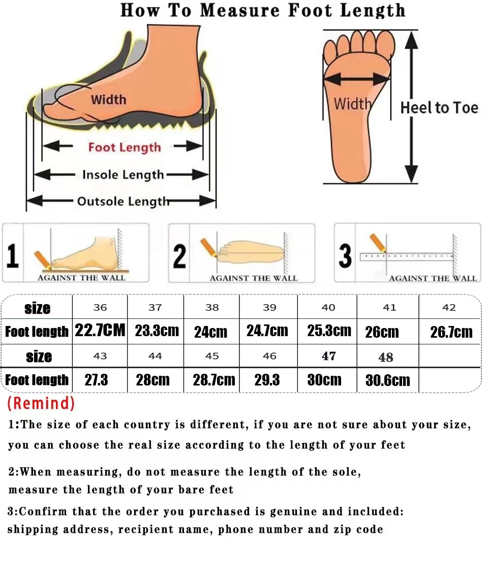 Chart showing how to measure foot length with illustrations and a size chart.