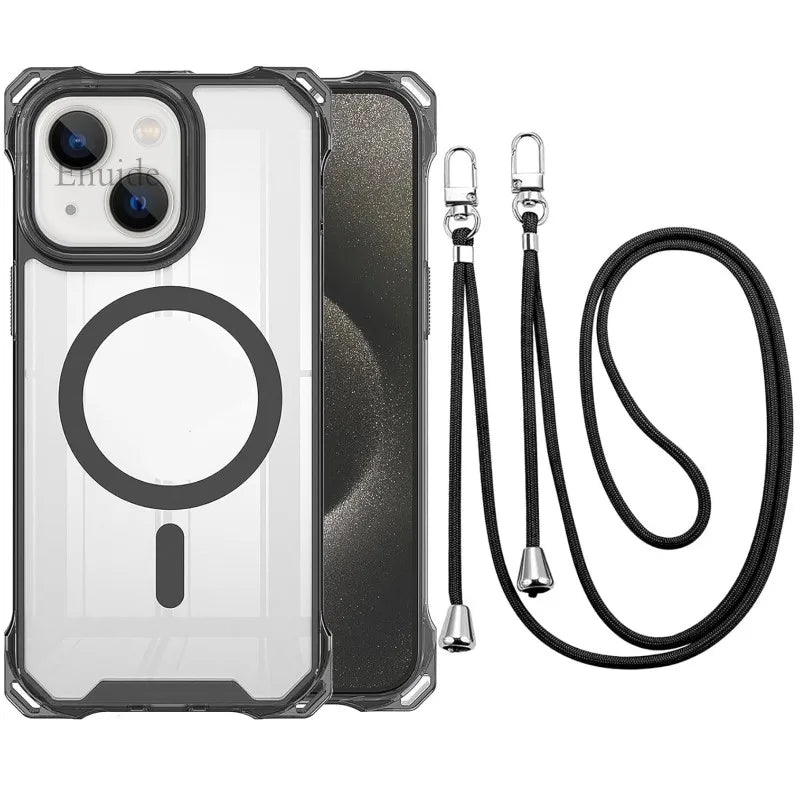 iPhone case with magnetic design and lanyard on a white background