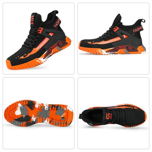 Black and orange safety shoes shown from multiple angles on a white background