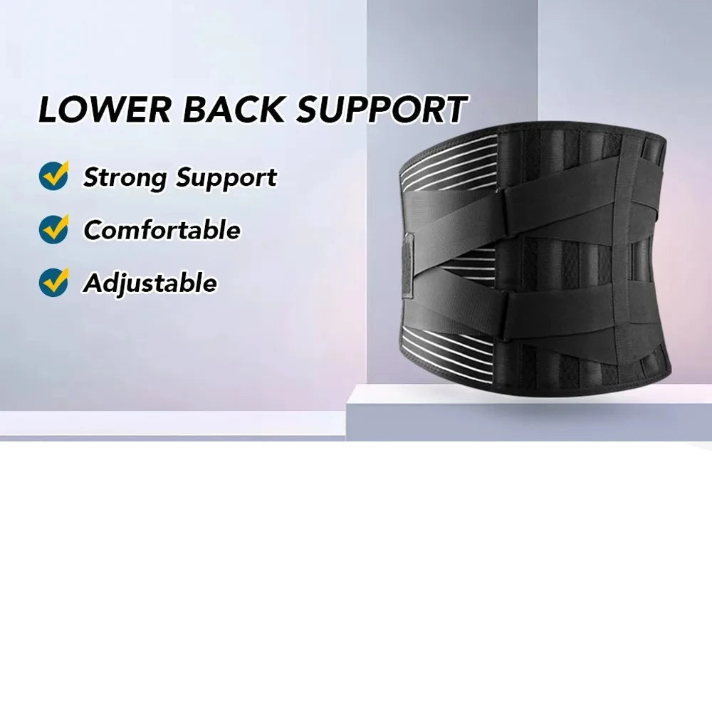 Black lower back support brace with features listed and before-and-after illustrations on a light background