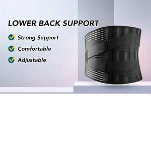 Black lower back support brace with features listed and before-and-after illustrations on a light background