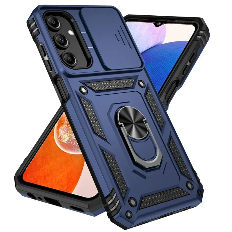 Blue Military Armor Samsung Galaxy Case with Slide Camera Lens and Holder Ring