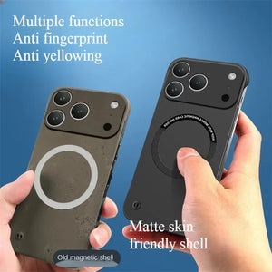 Two iphone cases with different designs held by hands against a blue background.