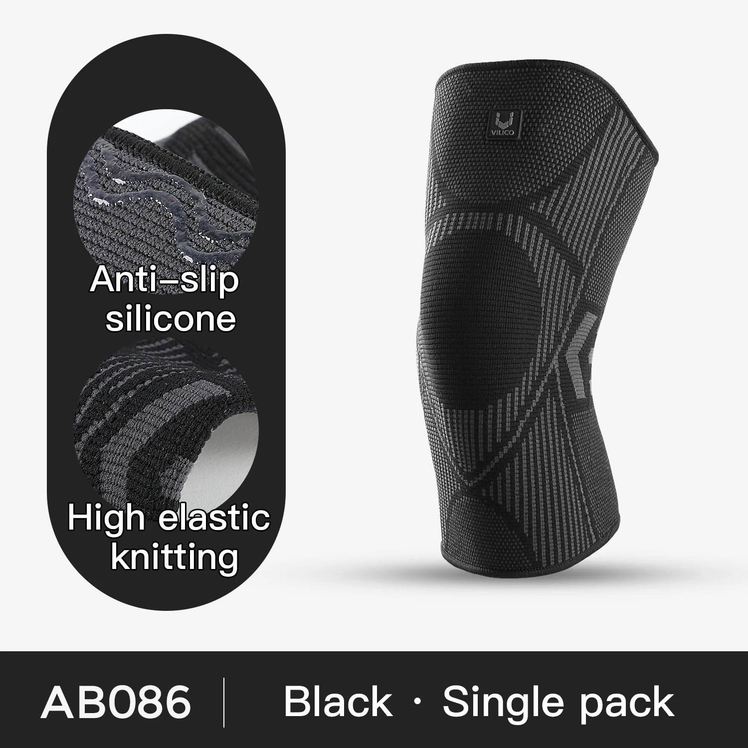Black knee brace with packaging highlighting features on a white background