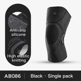Black knee brace with packaging highlighting features on a white background