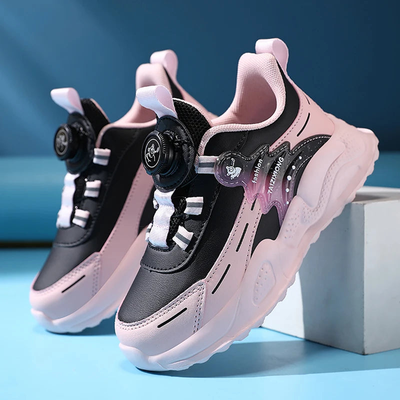 Pink and black sneakers with unique design elements on a blue background