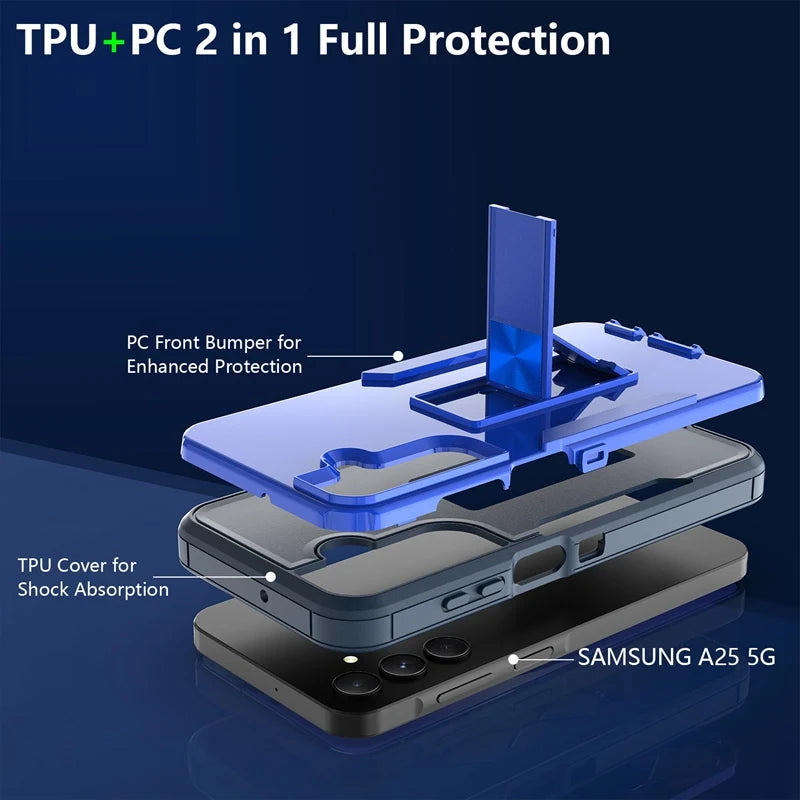 Blue phone case with TPU and PC layers for Samsung A25 5G on a dark blue background