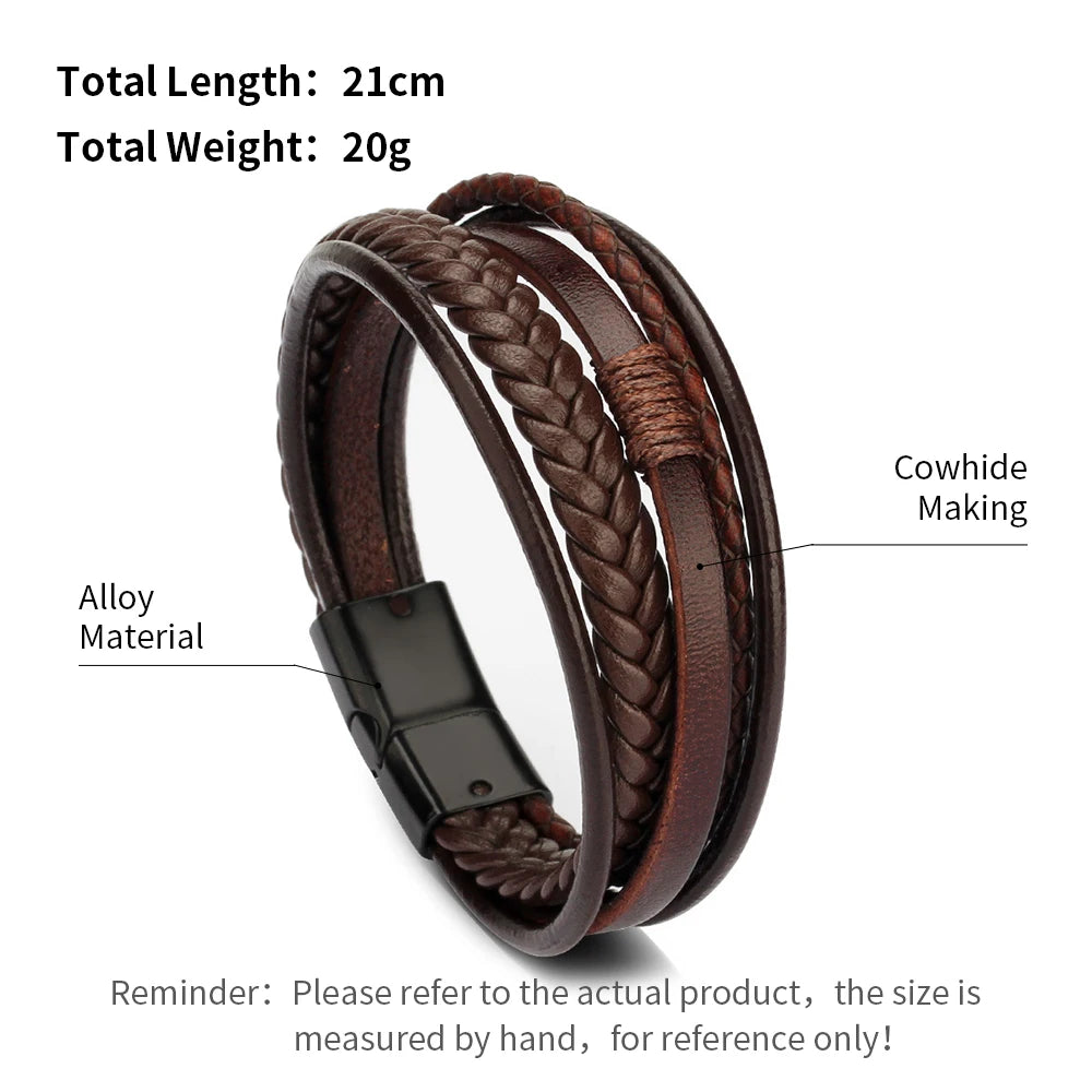 Mens braided leather bracelet with stainless steel clasp multilayer rope wristband