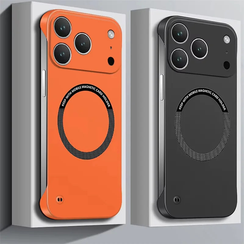 Orange and black Ultra Thin Hard PC Magnetic iPhone Case Matte Solid Color Frameless on a gray background
