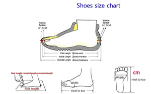 Shoe size chart with foot measurements and dimensions on a white background