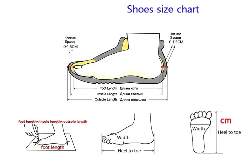 Shoe size chart with foot measurements and dimensions on a white background