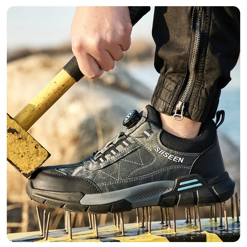 Person wearing SISEEN work boots with a yellow tool on a blurred outdoor background