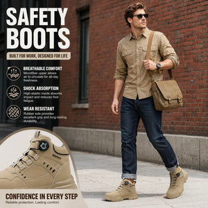 A man wearing tan safety boots, a tan button-up shirt, dark jeans, and sunglasses walks along a city sidewalk next to a brick wall. Large text on the left reads 'SAFETY BOOTS' with feature callouts, and a close-up inset shows the boot detail.