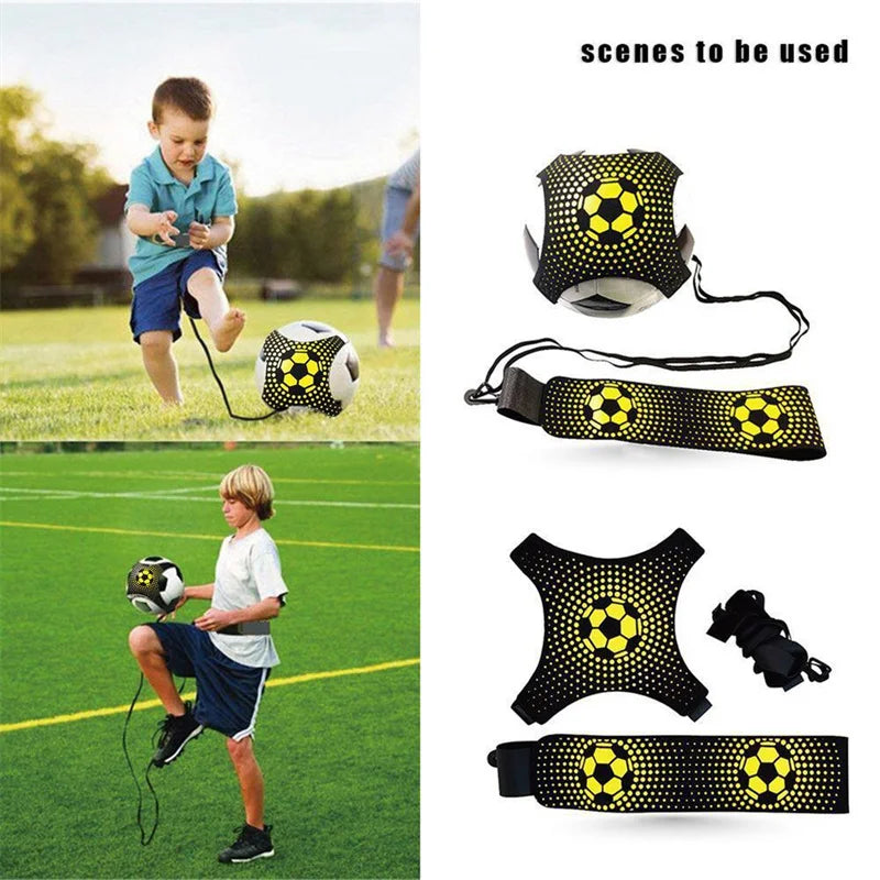 Children using a soccer training device on a grass field with additional devices displayed.