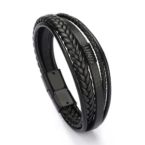 Mens braided leather bracelet with stainless steel clasp multilayer rope wristband
