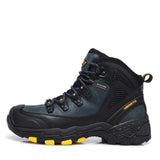 Black and gray hiking boot with yellow accents on a white background