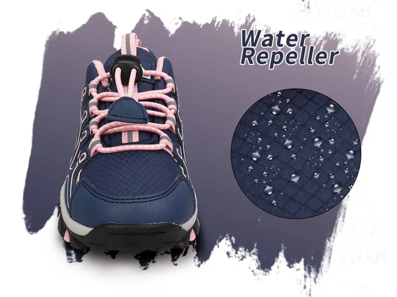 A navy blue and pink athletic shoe shown on a white background with a dark purple paint-splatter graphic behind it. A circular inset on the right shows a close-up of the shoe's textured surface with water droplets and the text 'Water Repeller.
