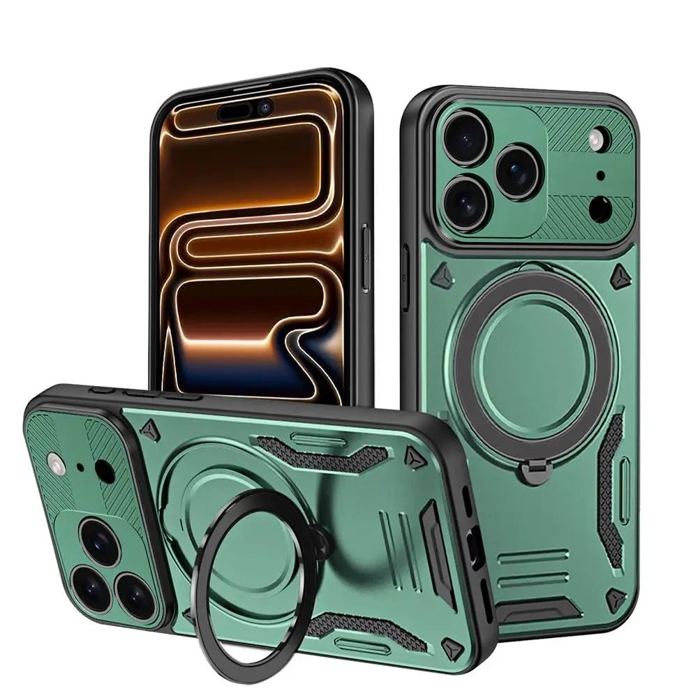 Green Luxury Armor Magnetic iPhone Case with Ring Kickstand Full Coverage PC TPU