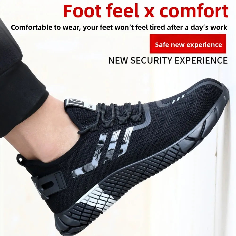A black work shoes with a flexible sole and hook-and-loop strap closure, shown being worn on a person's foot against a light background with promotional text overlays.