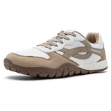 A low-top athletic sneaker in white, beige, and brown, featuring a white mesh upper, beige suede overlays, a beige side stripe with 'HOGUECTOR' branding, beige laces, and a brown textured outsole, shown on a white background.