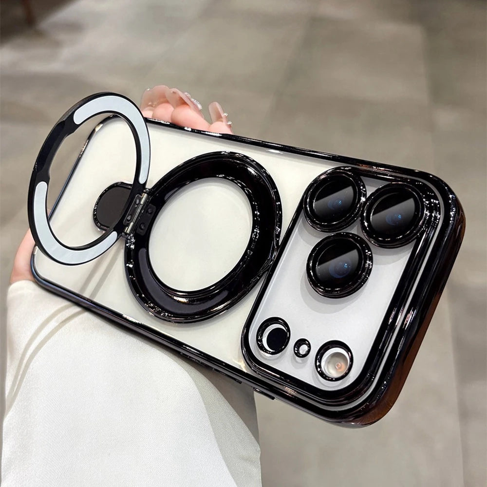 Transparent Plating iPhone Case with black accents held by a person on a neutral background