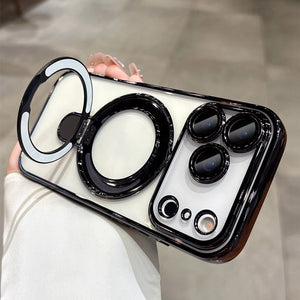 Transparent Plating iPhone Case with black accents held by a person on a neutral background