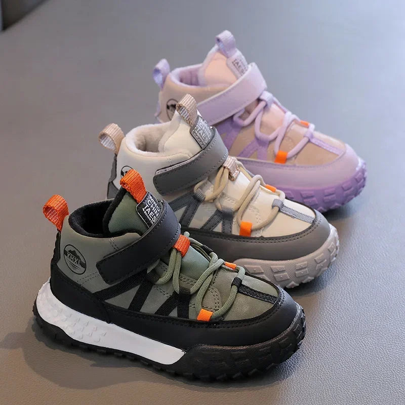 Kids' winter sneakers with plush lining, hook-and-loop closure, and rubber outsole