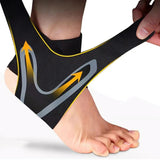 Black ankle support brace with yellow and gray design on a foot, labeled '1Pc Right Foot'.