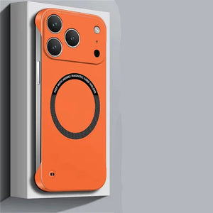 Orange Ultra Thin Hard PC Magnetic iPhone Case Matte Solid Color Frameless on a gray background