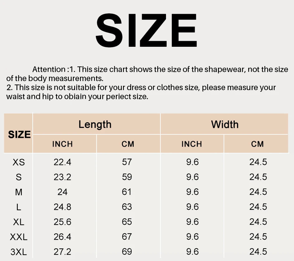 Size chart for shapewear showing length and width measurements in inches and centimeters.