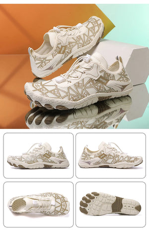 White athletic shoes with geometric patterns on a reflective surface with a colorful background.