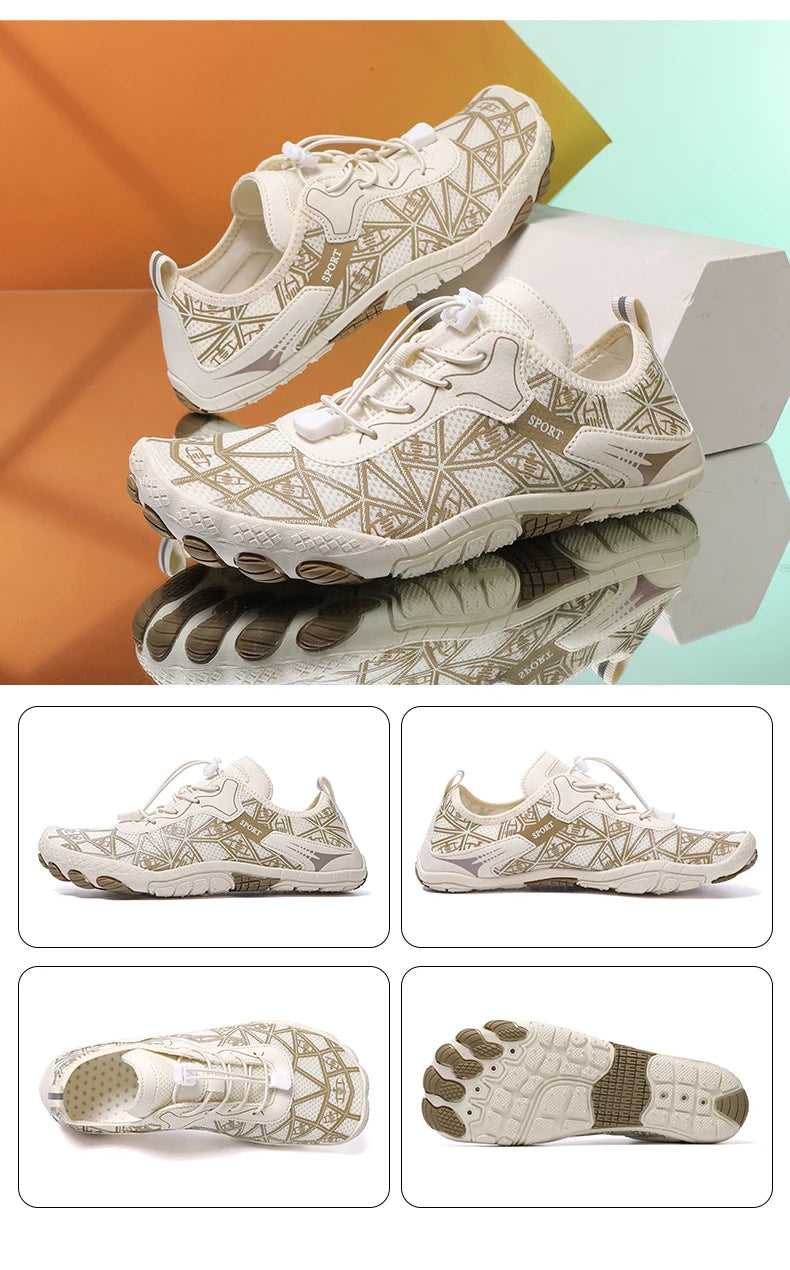 White athletic shoes with geometric patterns on a reflective surface with a colorful background.