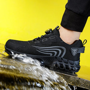 Black work shoe with water splashing around it against a yellow background