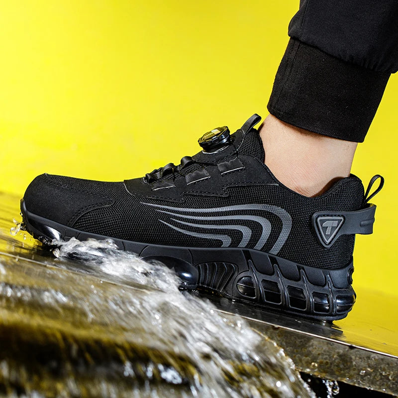 Black work shoe with water splashing around it against a yellow background