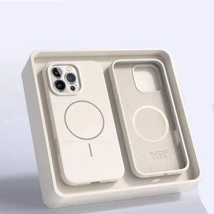 Magnetic MagSafe Silicone Case for iPhone set in a box with 'Official Liquid' branding on a light gray background