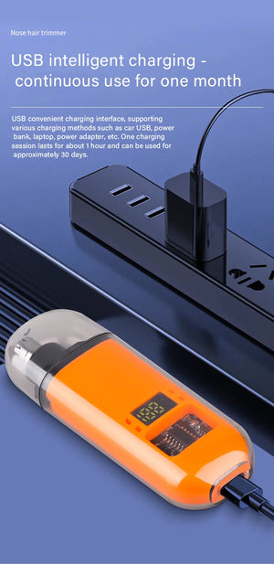 USB intelligent charging nose hair trimmer with text on a blue background