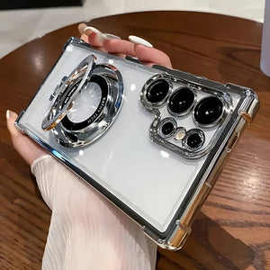Clear Samsung Galaxy case with electroplated frame and magnetic ring stand with camera lens design.