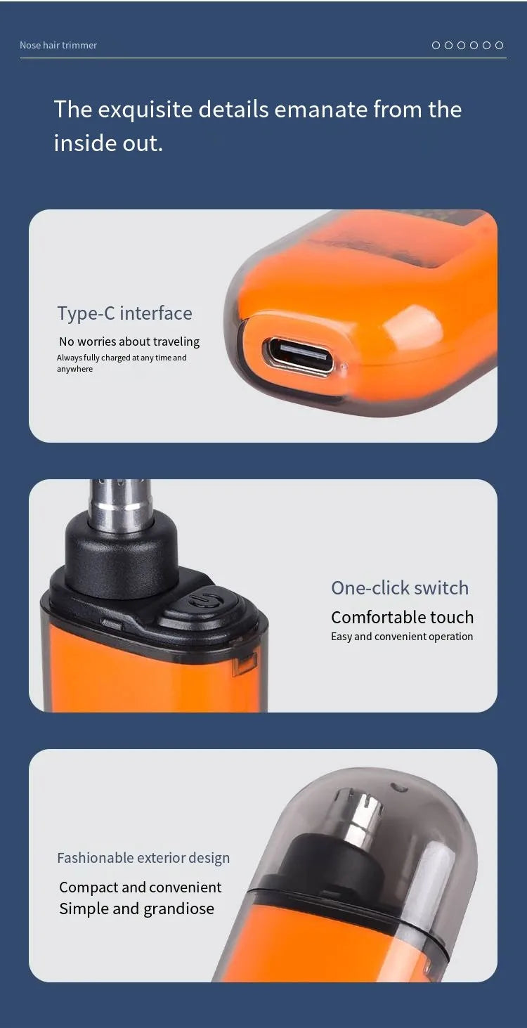 Orange nose hair trimmer with text describing features on a blue background