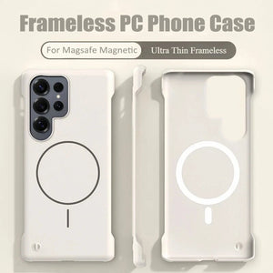 Frameless PC phone case with Magsafe magnetic feature on a light beige background