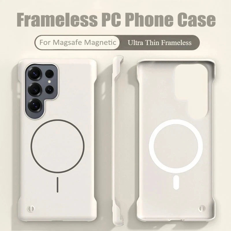 Frameless PC phone case with Magsafe magnetic feature on a light beige background