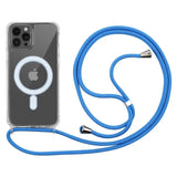 Crossbody Magnetic Clear iPhone Case with Lanyard Hard PC Back Cover and blue lanyard on a white background